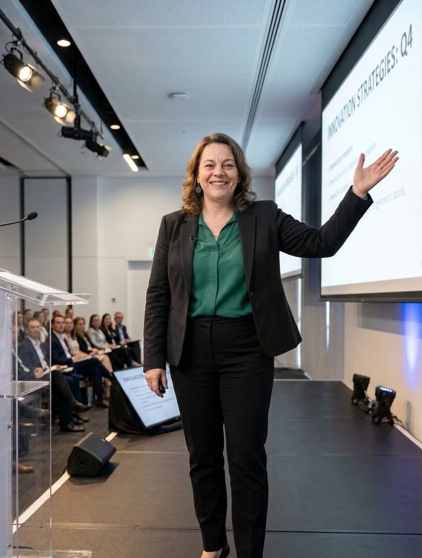 Dr Mariette Frazer presenting on stage at a conference