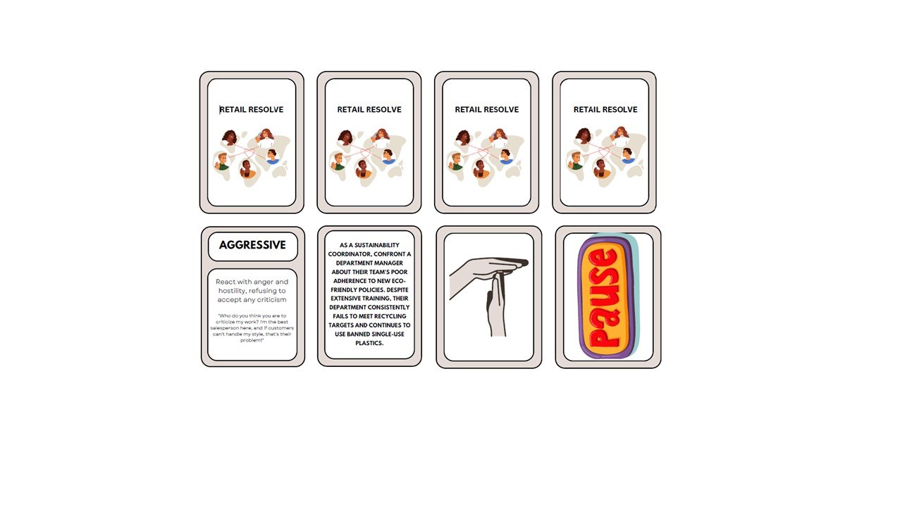 Retail Resolve game cards laid out in two rows: four illustrated cover cards, an “Aggressive” behaviour card, a sustainability-coordinator scenario card, and a “Pause” card.